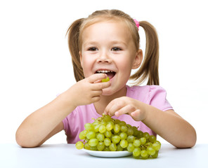 Little girl is eating grapes