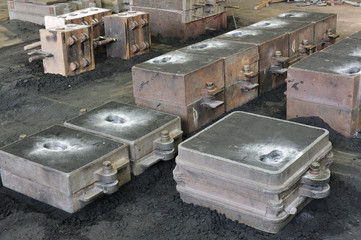 Foundry, sand molded casting, molding flasks - ready for casting