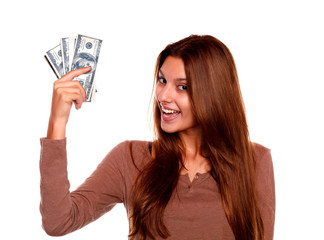 Charming young female with cash money