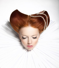 Theatre. Woman in Medieval Frill - Retro Hairstyle. Fantasy - obrazy, fototapety, plakaty