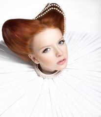 Red Head Duchess in Jabot - Retro. Theatrical Makeup. Masquerade