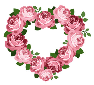 Pink roses heart frame. Vector illustration.