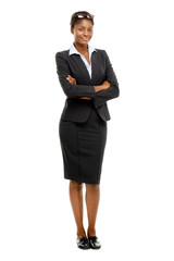 Happy African American businesswoman full length portrait on whi