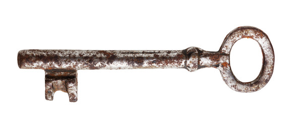 Old rusted skeleton key isolated on white