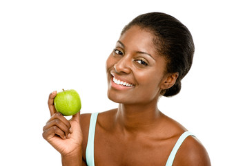 Healthy African American woman holding fresh green apple isolate