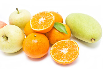 Naklejka na ściany i meble Oranges, apples and mango collection isolated on white backgroun