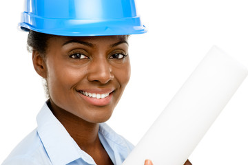 Happy African AMerican business woman architect holding blueprin