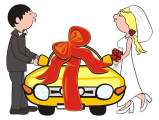 Wedding gift, groom and bride with car with ribbon, vector illustration