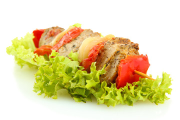 tasty grilled meat and vegetables on skewer, isoalted on white