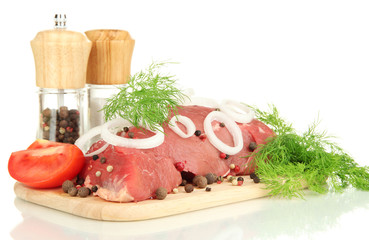 Raw beef meat marinated with herbs and spices isolated on white