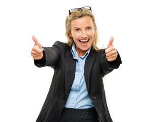 Happy mature business woman thumbs up isolated on white backgrou