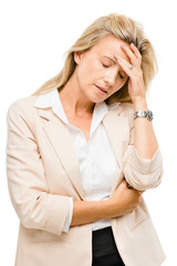 Mature woman has headache isolated on white background