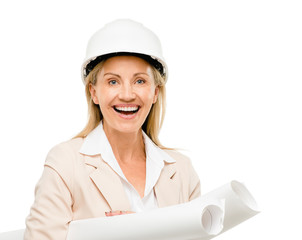 Mature business woman holding blue pints plans isolated on white