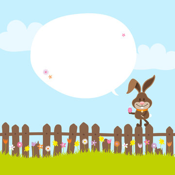 Bunny on Fence Holding Easter Egg Speech Bubble