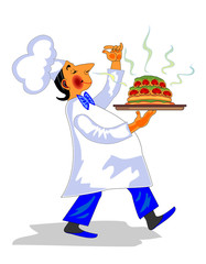 Funny chef with fragrant dish in hand