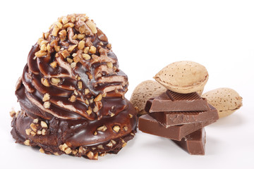 chocolate cake with nuts and cream,