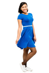 Sexy mixed race woman pretty blue dress isolated on white backgr