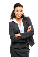 Young mixed race businesswoman with arms folded smiling isolated