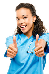 Happy mixed race doctor smiling arms folded isolated on white ba