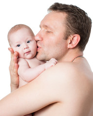 Father and  child girl cuddling on  isolated white background