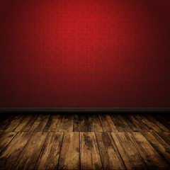 Dark vintage red room interior with wooden floor