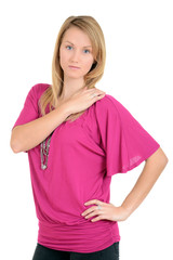 woman with pink top hand on shoulder