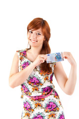 Happy woman showing Euros currency notes