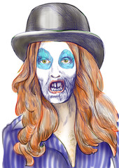 Portrait of an undead (zombie, scary clown ...) , hand drawing