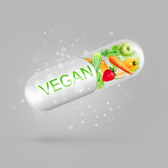 Different fruit and vegetables in capsule - healthy diet or natu