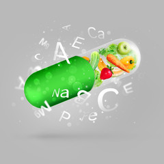 Different fruit and vegetables in capsule - healthy diet or natu
