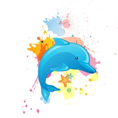 Fotobehang Vectorillustratie van een cartoon dolfijn © Ramona Kaulitzki