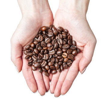 Нands holding coffee beans