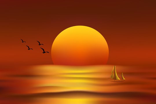 vector sunrise landscape and a boat