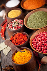 Various kind of spices in wooden bowls