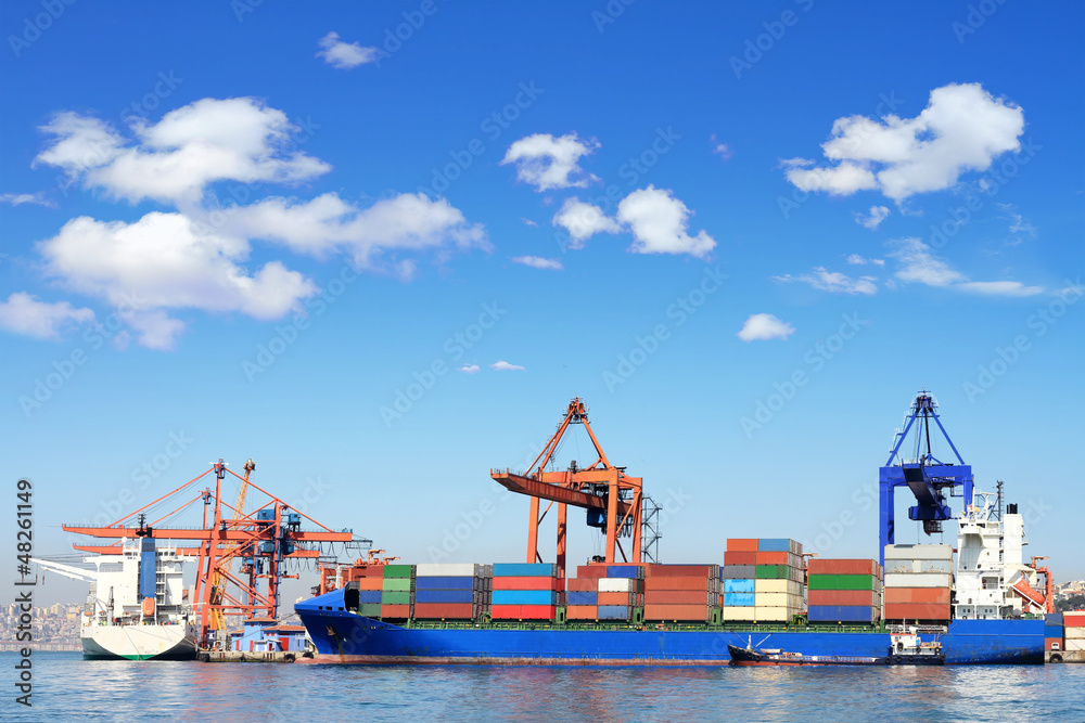 Wall mural cargo ship, containers and cranes in sea port