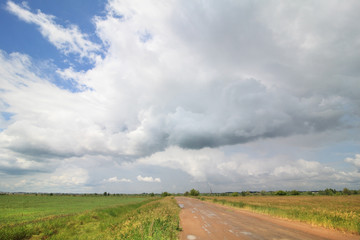 Fototapeta na wymiar Cumulus clouds above the road in the steppe.