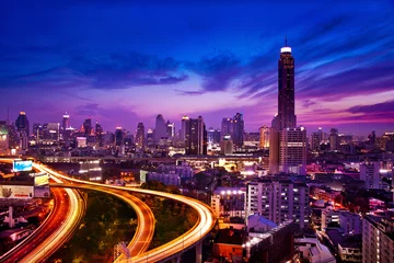 Foto op Plexiglas Traffic in modern city at night, Bangkok Thailand © pipop_b