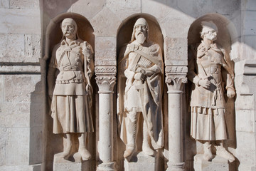 Statues in the wall of Fisherman's Bastion. Budapest, Hungary