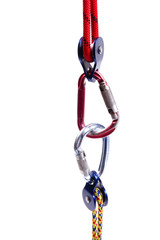 Climbing equipment - pulley, rope, carabiner.