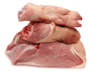 raw fresh meat, pork ham and pork leg with his hoof.