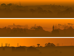 Naklejka premium Horizontal banners of misty coniferous wood.