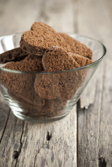 Chocolate Cookies in the Shape of Heart in a Glass Dish