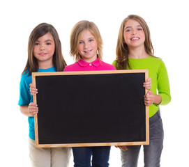 children girls group holding blank blackboard copy space