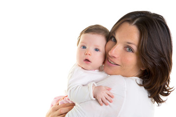 Baby girl hug in mother arms on white