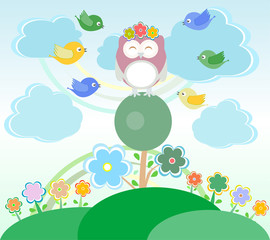 Background with owl, birds, flowers, clouds and trees