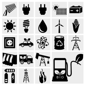 Vector black eco energy icons set on gray. Solar and wind energy