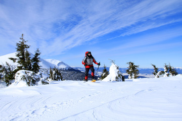 Winter hiking in snowshoes.