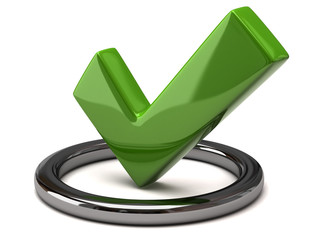 Tick icon - green tick mark in silver circle, 3d