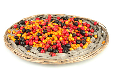 Fototapeta na wymiar kolorowe owoce jesienią na maty z wikliny samodzielnie na białym tle