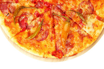 Tasty pepperoni pizza on wooden board isolated on white